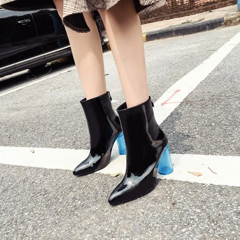 

Fashion patent leather high heel women's boots large size black, white autumn and winter Crude heel ankle boots Women Shoe boty