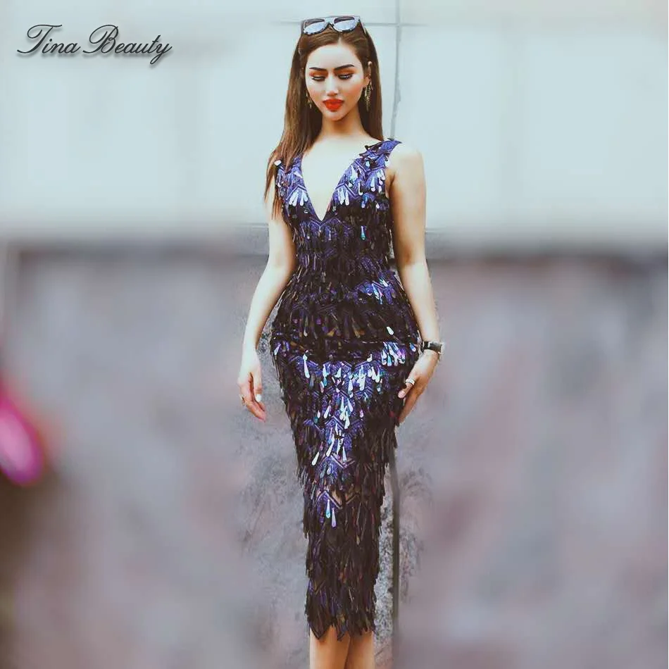 Goede Glitter Pailletten Luxe Jurken Elegante Winter Sexy V hals Mouwloze Jurk Vrouwen Mid Kalf Lange Jurk Party Prom vestidos 2019