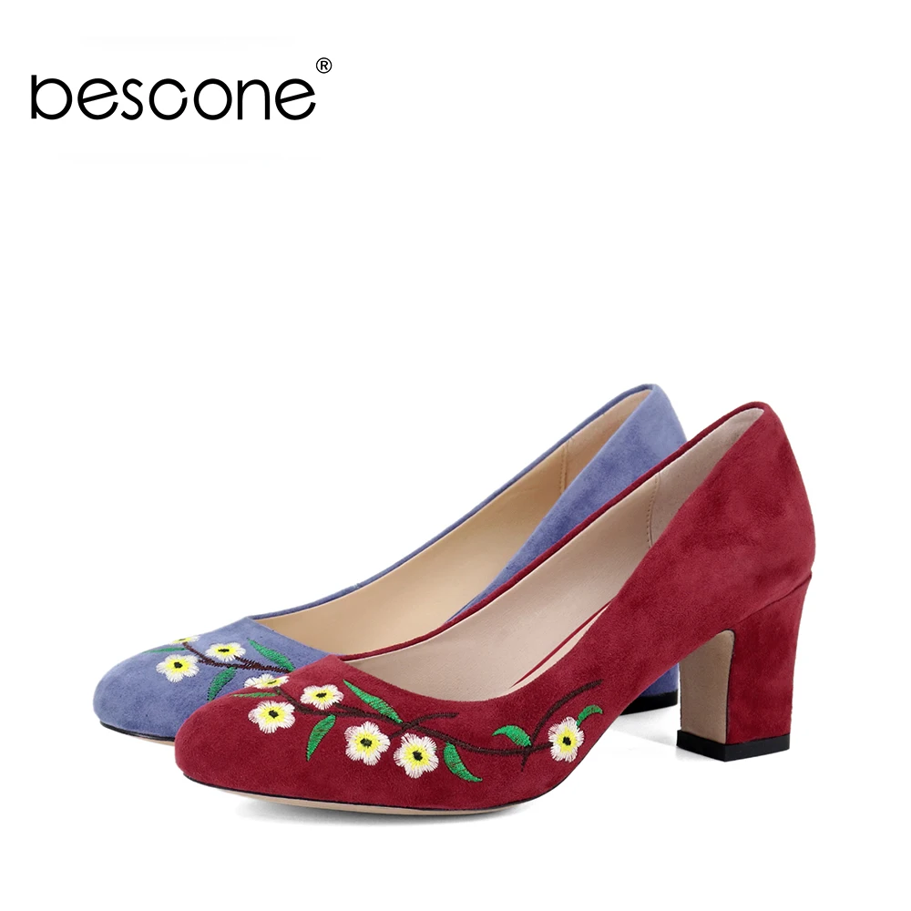 

BESCONE Chinese Style Embroider Pumps High Quality Round Toe Red Kid Suede Square Heels Pumps Handmade Casual Woman Shoes A53