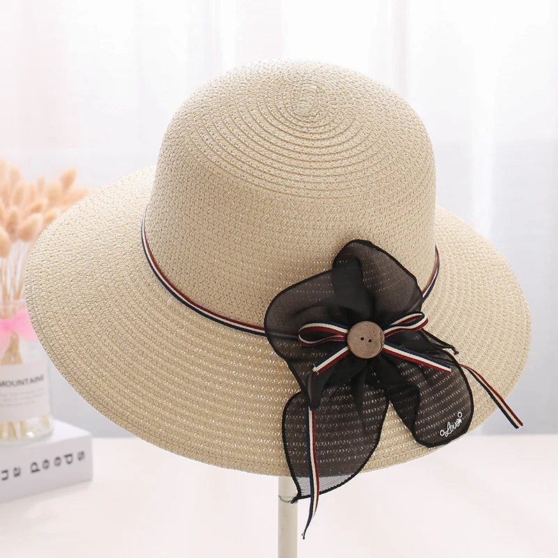 

Spring and Summer New Leisure Travel Weaving Female Hat Outdoor Sunshade and Sunscreen Black Yarn Weaving Belt with Wooden Butto