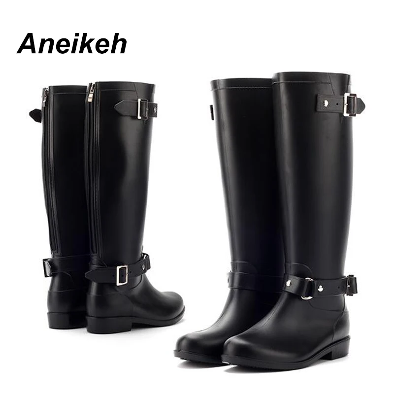 Skup Aneikeh PVC kobiety kalosze dziewczyny panie gumowe buty na co dzień spacery na świeżym powietrzu połowy łydki wodoodporne kobiece niskie buty na obcasie