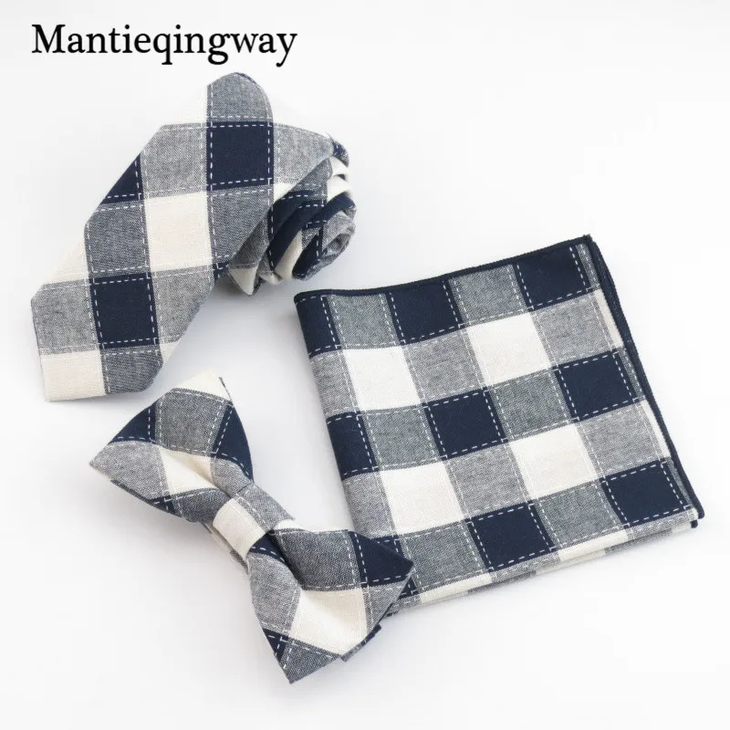  Mantieqingway Fashion Handkerchief Necktie Bow Tie Set Cotton Jacquard Men Plaid Bow Tie Pocket Squ