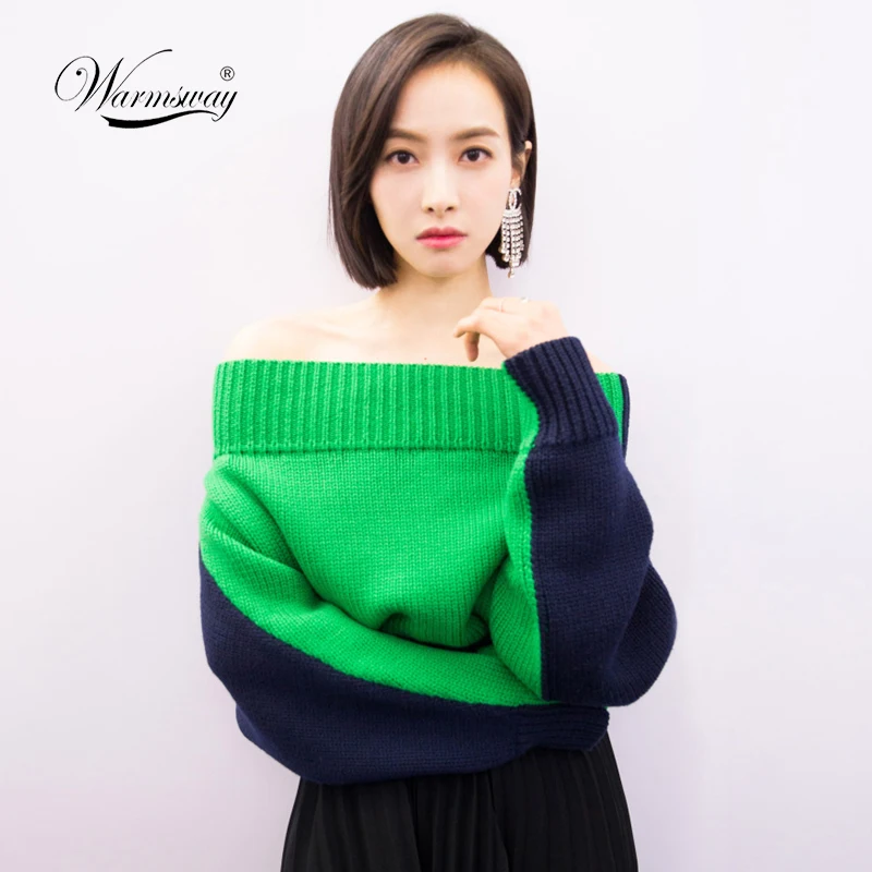 

Sexy off shoulder split knitted cropped sweater women knitting pull femme ribbed hem Crop top winter Contrast pullover C-188