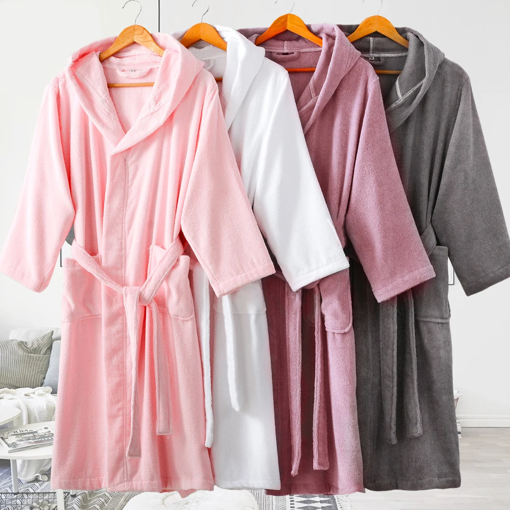 

Womens Bathrobe Cotton Hooded Men Plush Long Sleeve Open Front Robes Christmas Robe Sleepwear Homewear Kimono robe White Winter
