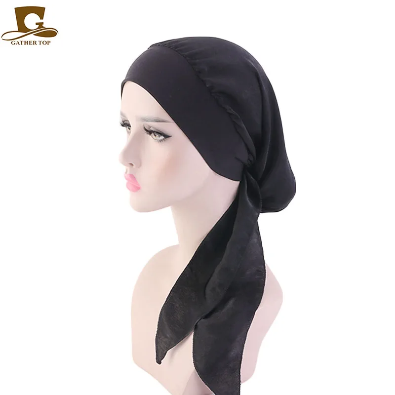 Новая широкая полоса мусульманская женская шелковистая шапочка головной убор шарфы предварительно завязанная раковая шапочка при химиотерапии головной убор аксессуары для волос