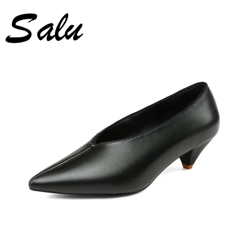 

Salu 2019 new arrival women pumps pointed toe summer shoes buckle Genuine leather shoes sqaure heels elegant shoes woman