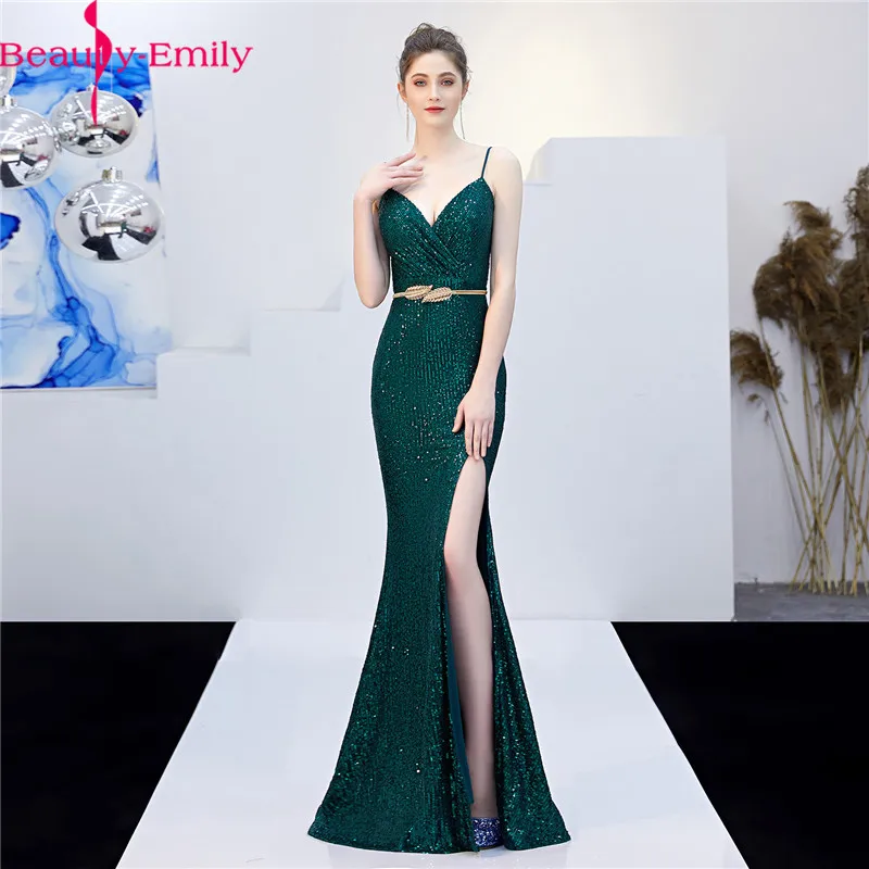 

Charming Sweetheart Neck Sequined Mermaid Evening Dress 2019 Sexy Spaghetti Strap Sleeveless Formal Dress with High Side Split