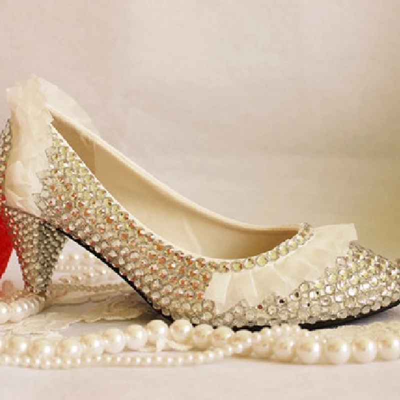 Lace Pearl Wedding shoes Crystal Bridal shoes Party Heels
