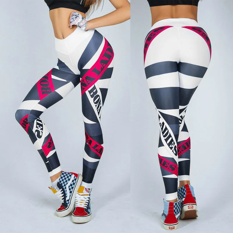 

2019 New Arrival Jogging Pants Women Stripe Print Pants Women Sport Compression Trousers Running Tights Gym Fitness Push Legging