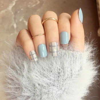 

New 24pieces Blue Style Checks 3D Fashion DIY Plastic Art Short Fake false Sticker Nail Tips With Glue Gel [N3060]