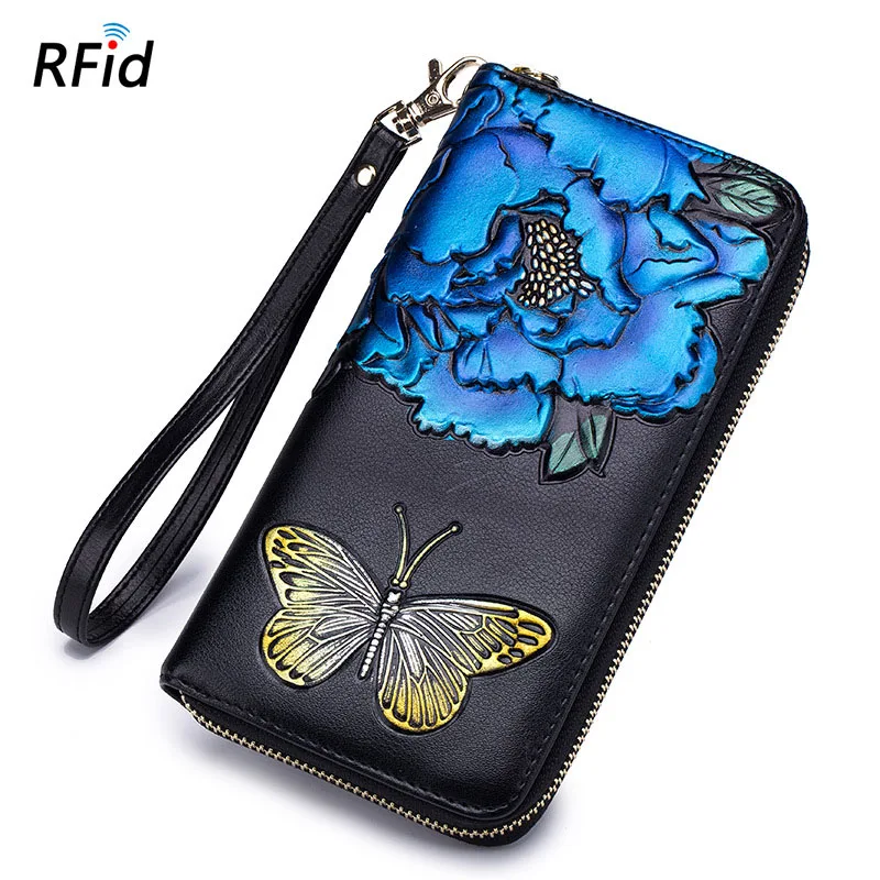 Кошелек женский портмоне женская сумочка из натуральной кожи Удобные сумки клатч RFID визитница Lxury бренд Флора бабочка мода - Цвет: Blue
