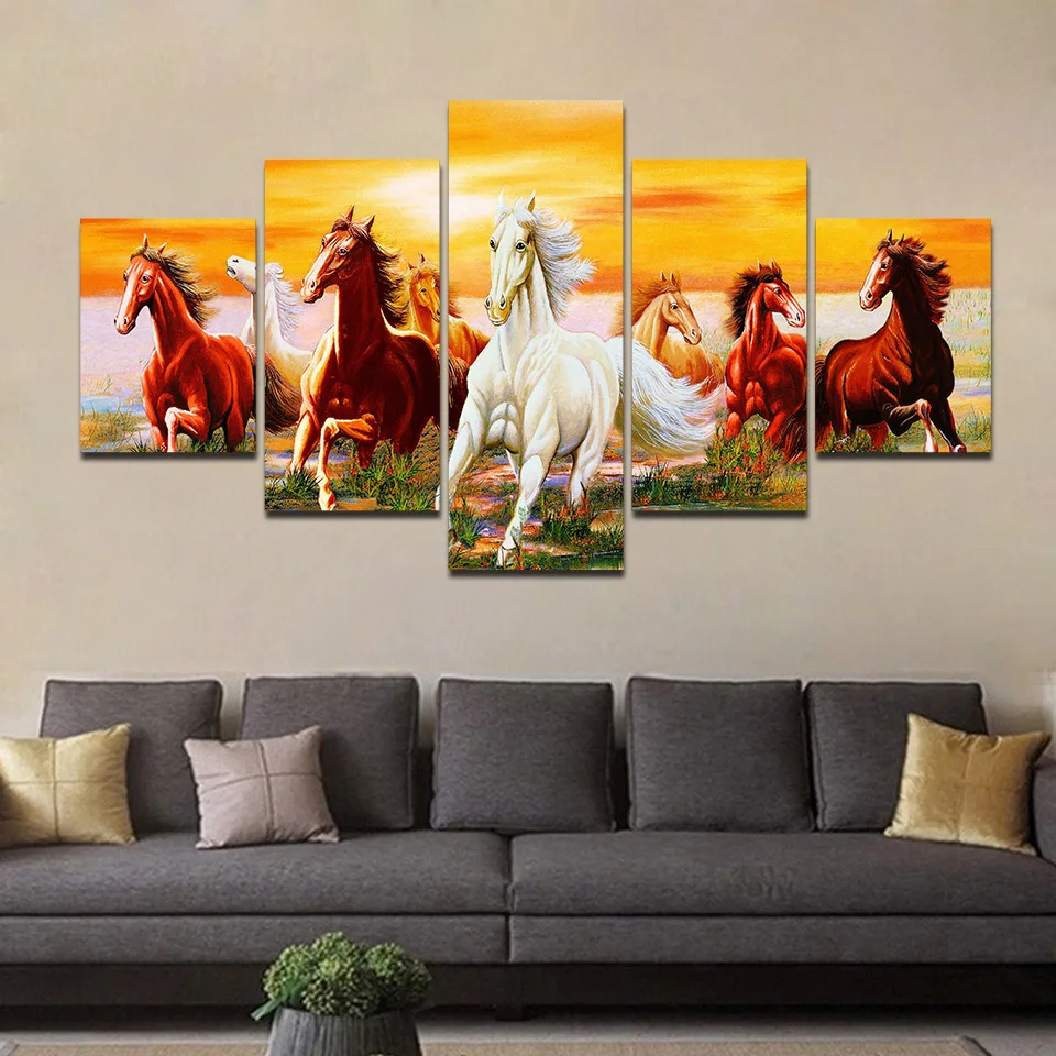 Wall Picture Home Decor 5 Piece Horse Running Print Oil Painting Canvas