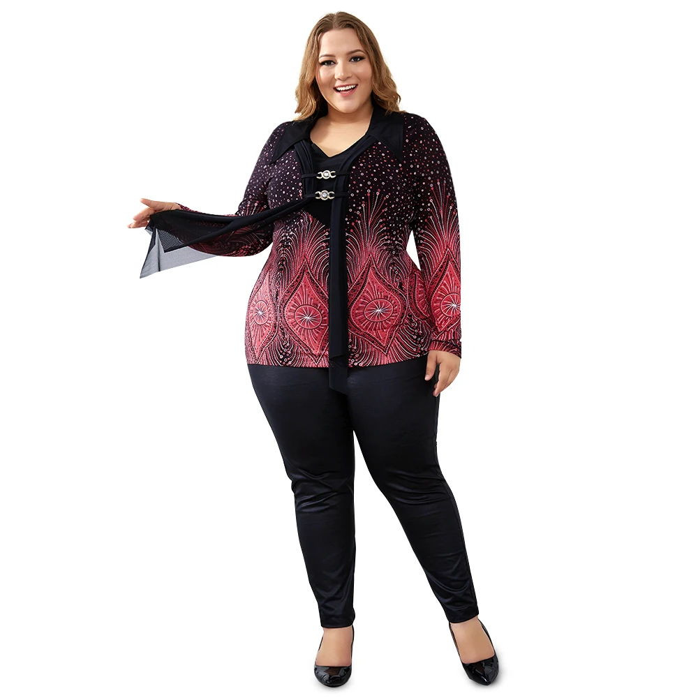 YTL Turn Down Collar Ladies Plus Size Shirt Flare Sleeve Print Blouses Women Big Sizes Winter Diamonds Brooch Vintage Tops H033 YTL Turn Down Collar Ladies Plus Size Shirt Flare Sleeve Print Blouses Women Big Sizes Winter Diamonds Brooch Vintage Tops H033