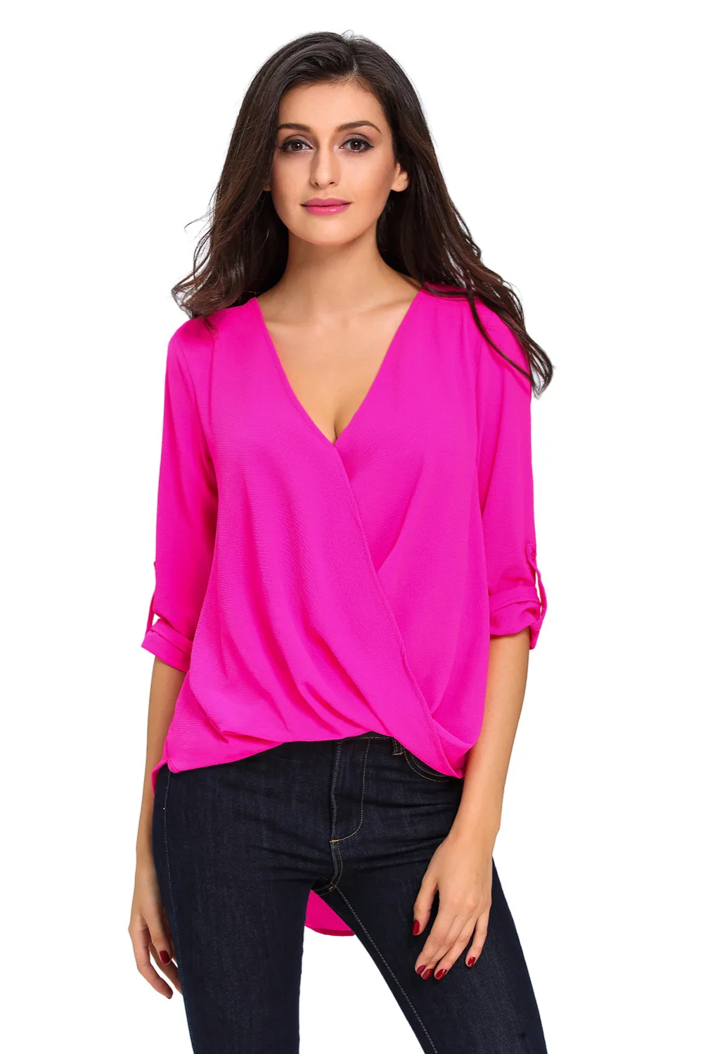 V Hals Ruche Losse Fit Blouse Top Fuchsia 2017 Elegante Lange Mouwen 