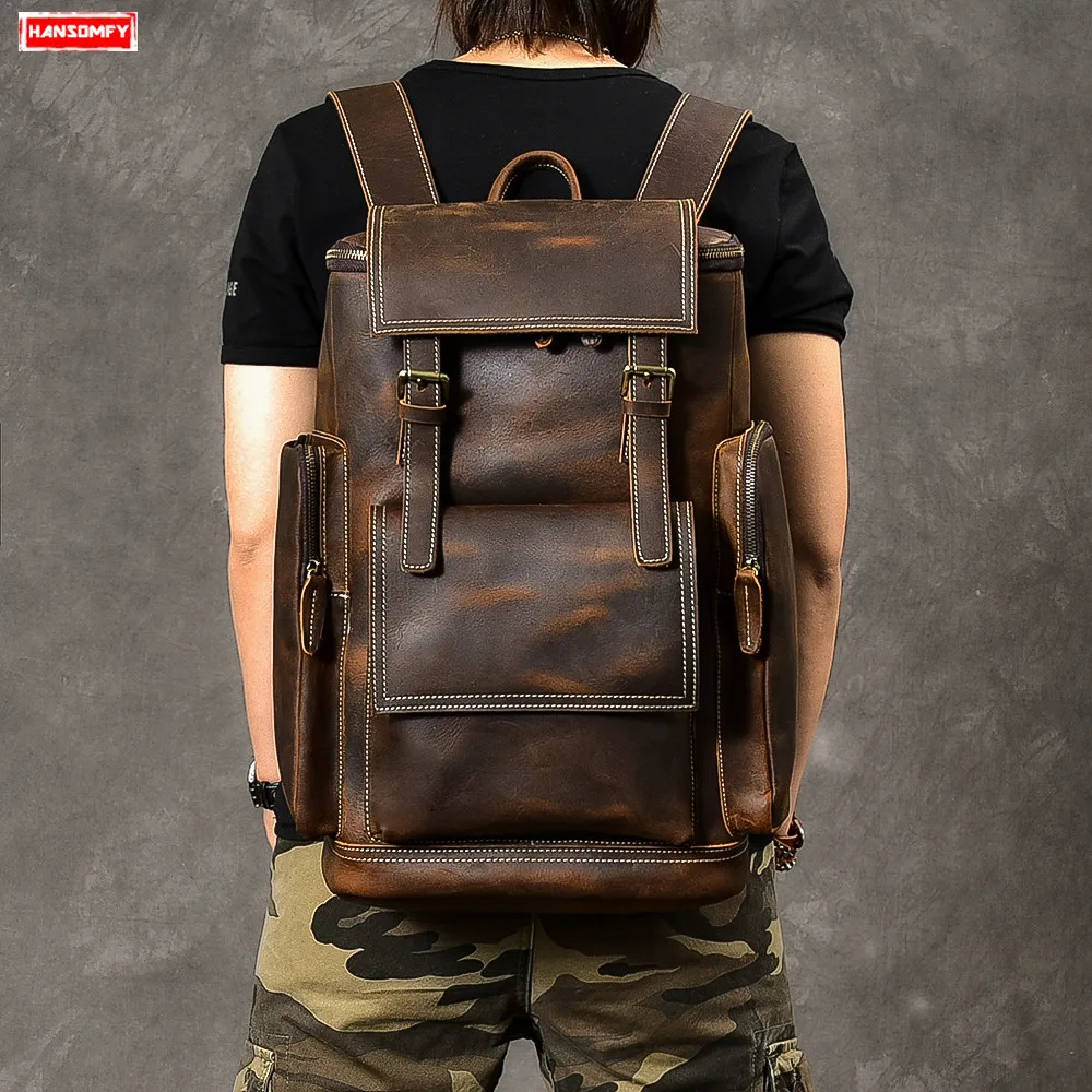 Retro Genuine Leather Men's Backpack Large Capacity laptop bag school backpack male shoulder bags Brown leather Travel Backpacks