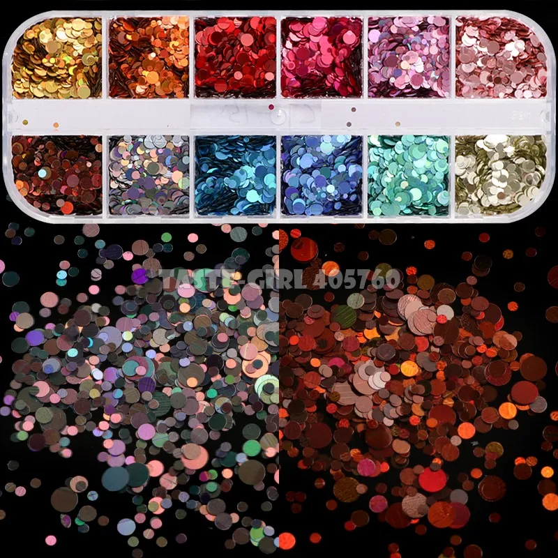 

12 Grids/Set High Quality 12 Colors Mix 3 Sizes Glitter Laser Holographic Round Sequin Nail Art Slice Paillette Decals DIY CT15