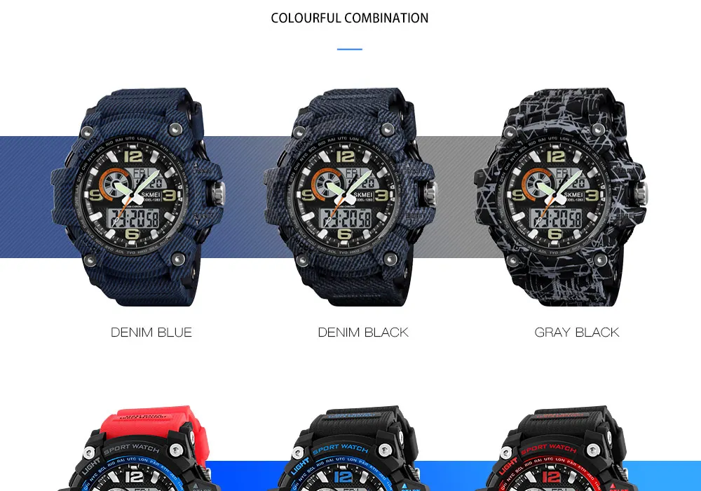 SKMEI 1283 Sport Watch Men Military 5Bar Waterproof Quartz Dual Display Wristwatch