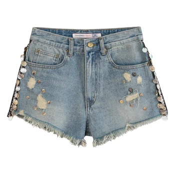 

Summer Vintage Women Ripped Hole Sequins Embroidery Flower Patchwork Wide Leg Denim Shorts , Woman Tassel Glitter Jean Shorts