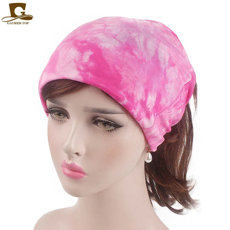 

Women Tie-Dye yoga headband Print Turban Cotton beanie slouch baggy hat chemo cap Sleep Hat sports Party Bandanas