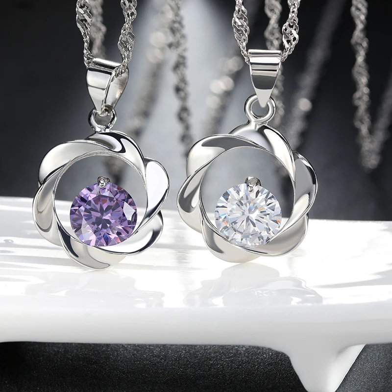 

ORSA JEWELS Silver Necklaces & Pendant Charm Fashion Lady Clear & Purple Crystal Zircon Circle Flower Jewelry for Women DON07
