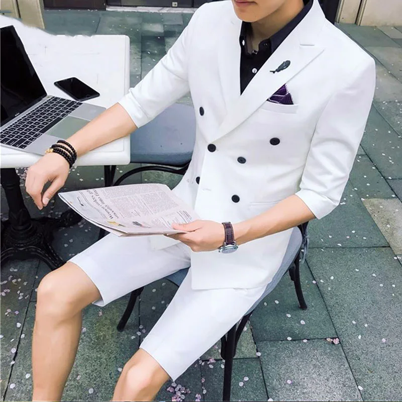 

Summer White Men Suits Short Pants Wedding Groom Evening Party Prom Blazer Costume Slim Fit Casual Custom Tuxedo Traje Hombre