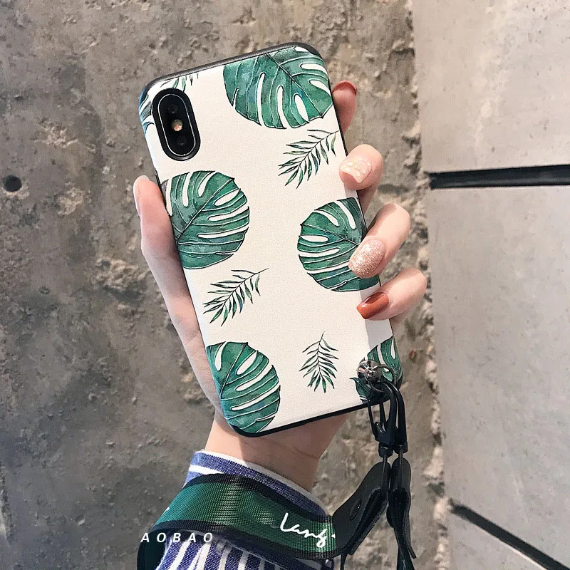 Caja del teléfono del alivio 3D de las hojas frescas de la manera del Instegram con las correas de la muñeca del cuello 8 plus para el iPhone 7 plus X 6 funda con Correa s 6 s plus Caja del teléfono del alivio 3D de las hojas frescas de la manera del Instegram con las correas de la muñeca del cuello 8 plus para el iPhone 7 plus X 6 funda con Correa s 6 s plus