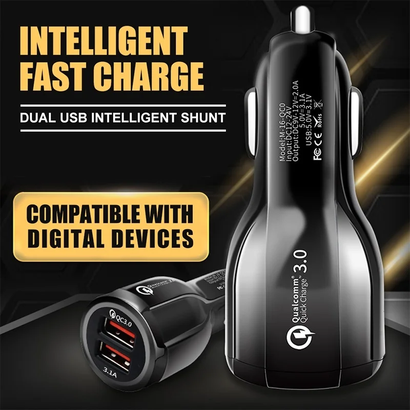 سريع تهمة 3.0 شاحن سيارة QC 3.0 شاحن USB مزدوج ل iphone هواوي سريع تهمة الهاتف المحمول محول السفر سيارة-شاحن سريع تهمة 3.0 شاحن سيارة QC 3.0 شاحن USB مزدوج ل iphone هواوي سريع تهمة الهاتف المحمول محول السفر سيارة-شاحن