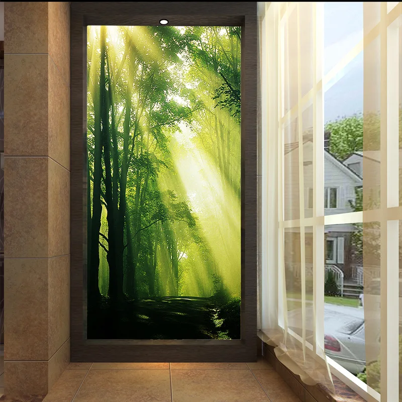 

3D wall paper refreshing energetic mural with green tree and early morning sunshine home decor customized