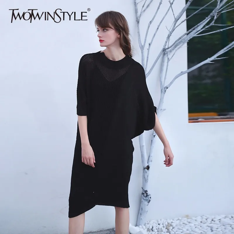 

TWOTWINSTYLE Batwing Sleeve Knitted Sweater Women Long Irregular Black Loose Big Size Pullovers Female Jumpers Casual Clothing