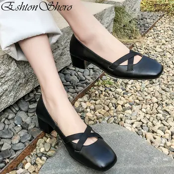 

EshtonShero Women Pumps Shoes Woman Platform Cow Leather Med Heels Square Toe Slip-On Black Ladies Wedding Shoes Size 3-9