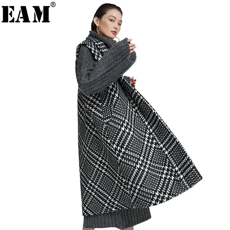 [EAM] 2018 Autumn Winter Fashion New Pattern Two-sided Wool Sleeveless Overcoat Loose Long Type Plaid Vest Woman YA93601