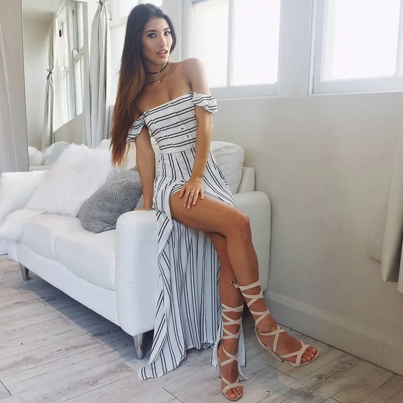 

2019 New fashion Strapless and backless stripes Chiffon Dress Women Irregularly Split Long Dress