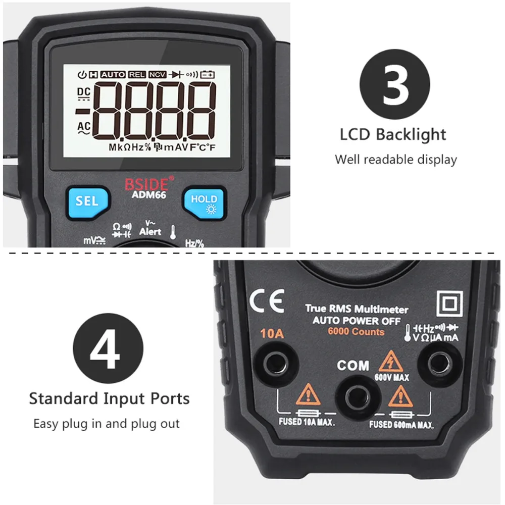 Auto Range True RMS Digital Multimeter BSIDE ADM62/66 DC/AC Ammeter Car Voltmeter Voltage Indicator Better than mastech MS8239C