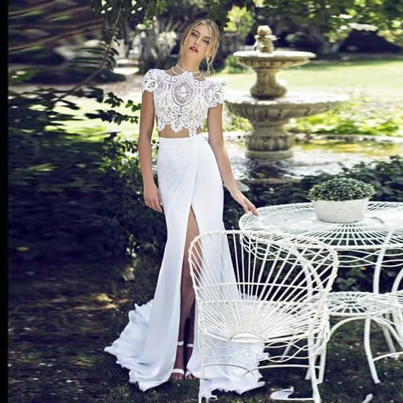 New-2015-Boho-Chiffon-A-Line-Wedding-Dresses-Short-Sleeves-Lace-Front-Split-Two-Pieces-Bridal