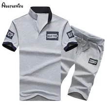 Лидер продаж, мужской костюм, летняя верхняя одежда, футболка с коротким рукавом и отложным воротником и короткие штаны, два комплекта,, D32