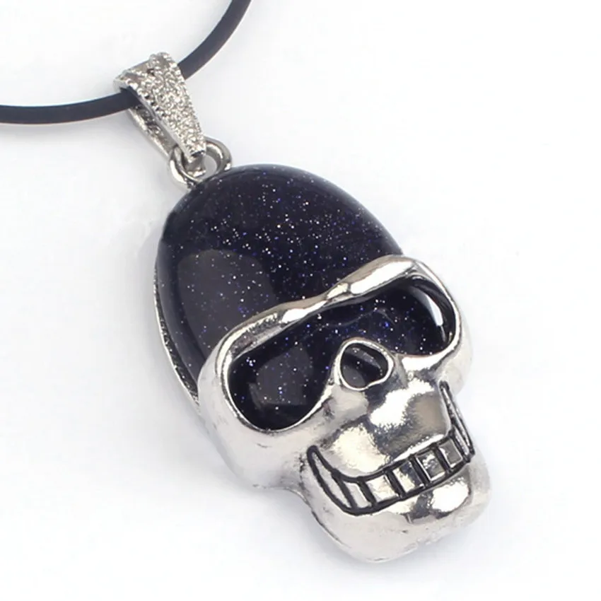 

100-Unique 1 Pcs Punk Style Silver Plated Skull Head Shape Blue Sand Stone Pendant Personalized Jewelry