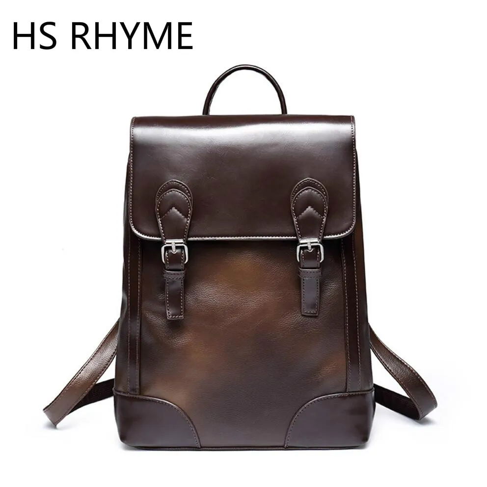 HS RHYME Vintage PU Leather Backpack Retro Men's College School Bags Simple Design Solid Rucksacks HS RHYME Vintage PU Leather Backpack Retro Men's College School Bags Simple Design Solid Rucksacks