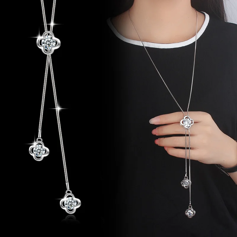 

49cm Chain Necklace with Four Leaf Clover Flowers Tassel Necklace Long Sweater Chain