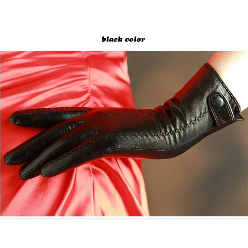 Women Genuine Leather Gloves Top Quality Goatskin Gloves Wrist Buckle Winter Sheepskin Leather Gloves Female Driving Gloves 860