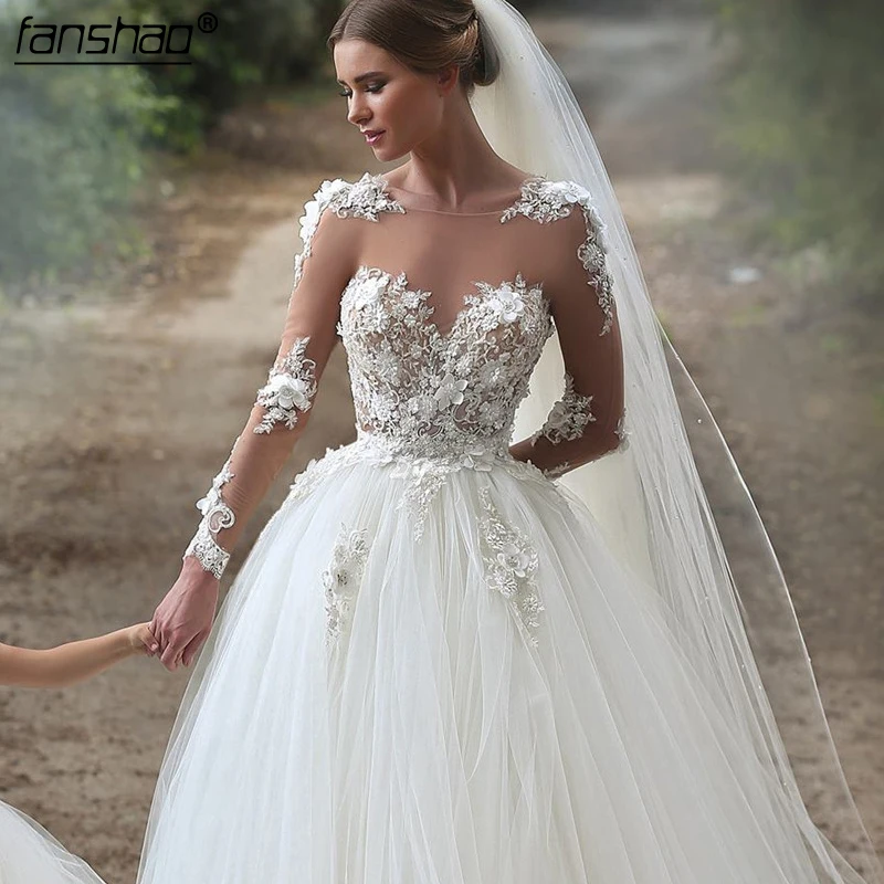 

Vestido De Noiva Muslim Wedding Dresses Long Sleeves Lace Illusion Flowers Boho Dubai Arabic Wedding Gown Bridal Dress