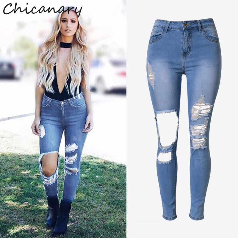 2016 New Ripped High Waist Denim Jeans Skinny Pencil Pants Europe Women Fashion Stretchy Casual Leggings
