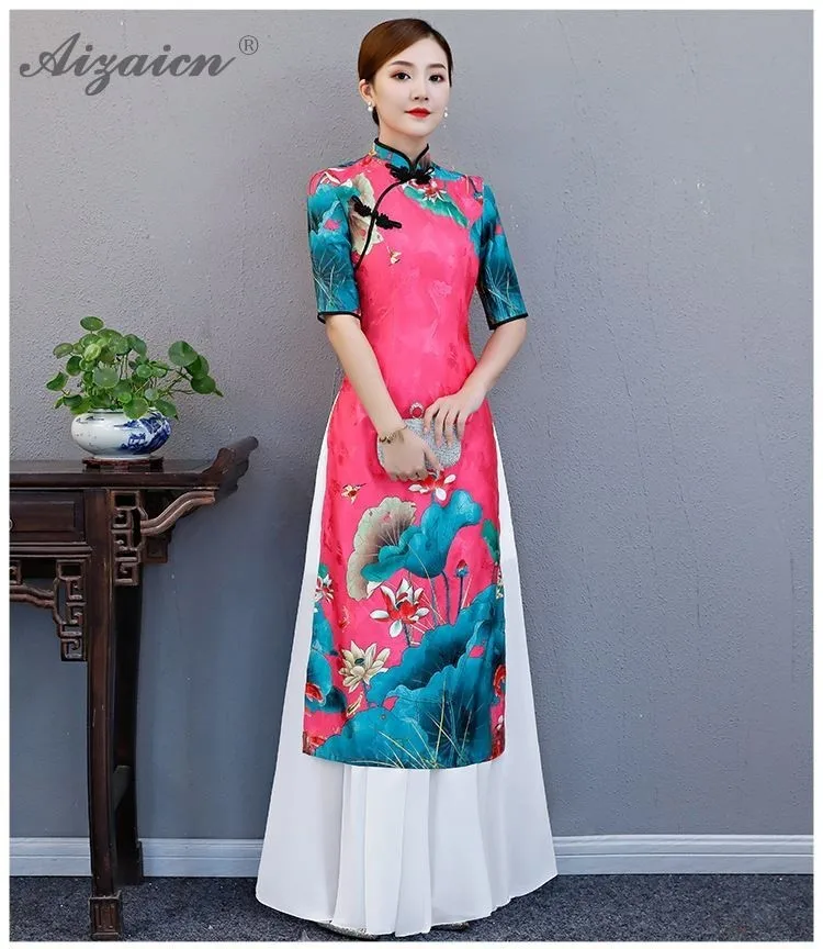 2019 аозай Вьетнам Длинные Cheongsam платья для женщин для Традиционный китайский костюмы Повседневное платье Qipao Oriental стиль розовый Халат