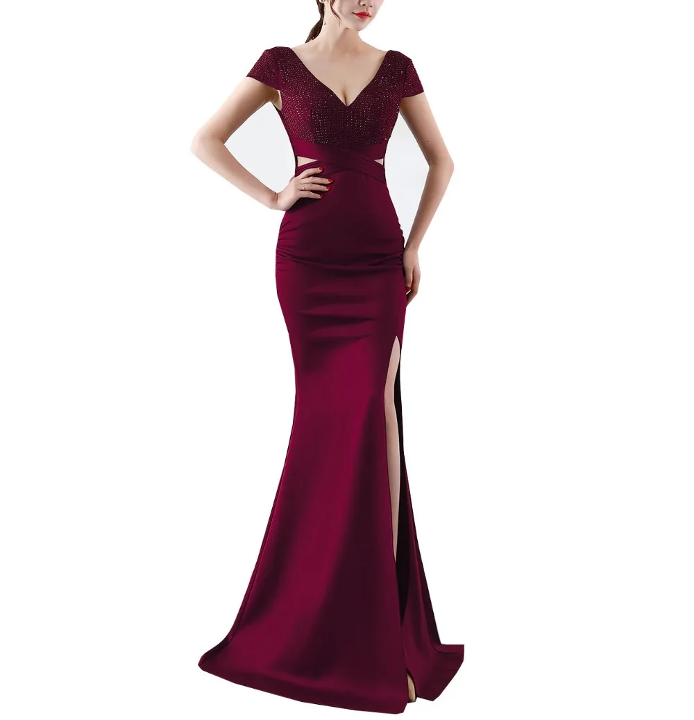 Solovedress Prom Dress Mermaid Бисер с разрезом на ноге прорезью официальное свадебное платье Кепки рукава с глубоким v-образным вырезом платье с