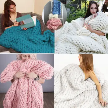 

Newest Arrivals faroot 2018 Blanket Hand Chunky Knitted Blanket Thick Yarn Merino Wool Bulky Knitting Throw Hot Blanket