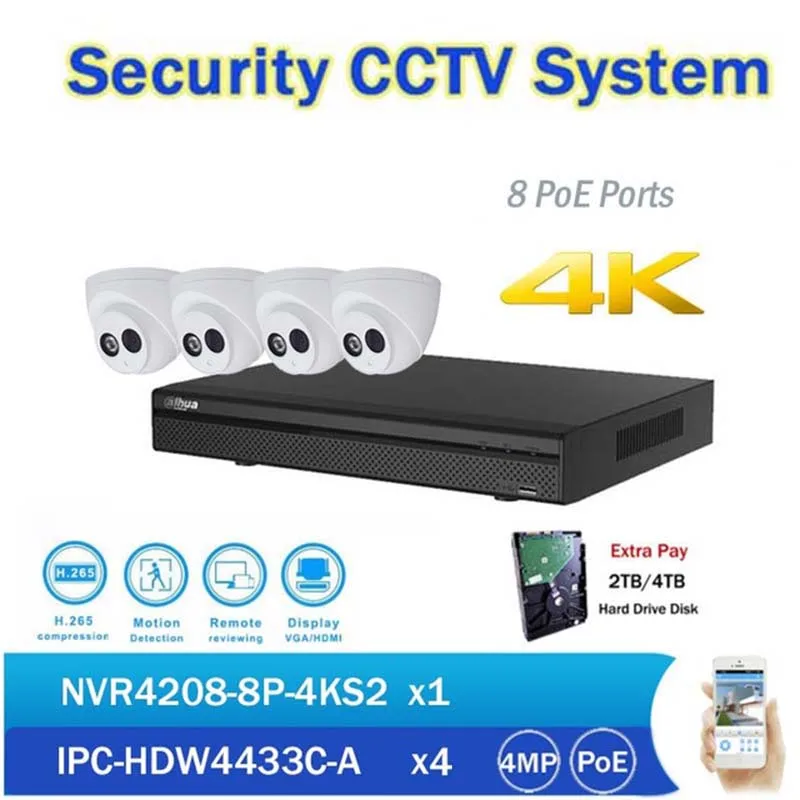 

DH CCTV NVR Kits 8CH PoE 4K Network Video Recorder NVR4208-8P-4KS2 with 4pcs IPC-HDW4433C-A 4MP IP Dome Camera built in mic