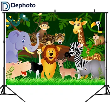 

DePhoto Jungle Safari Themed Animals Birthday Party Banner Photo Background Baby Kids Portrait Party Backdrop Baby Shower