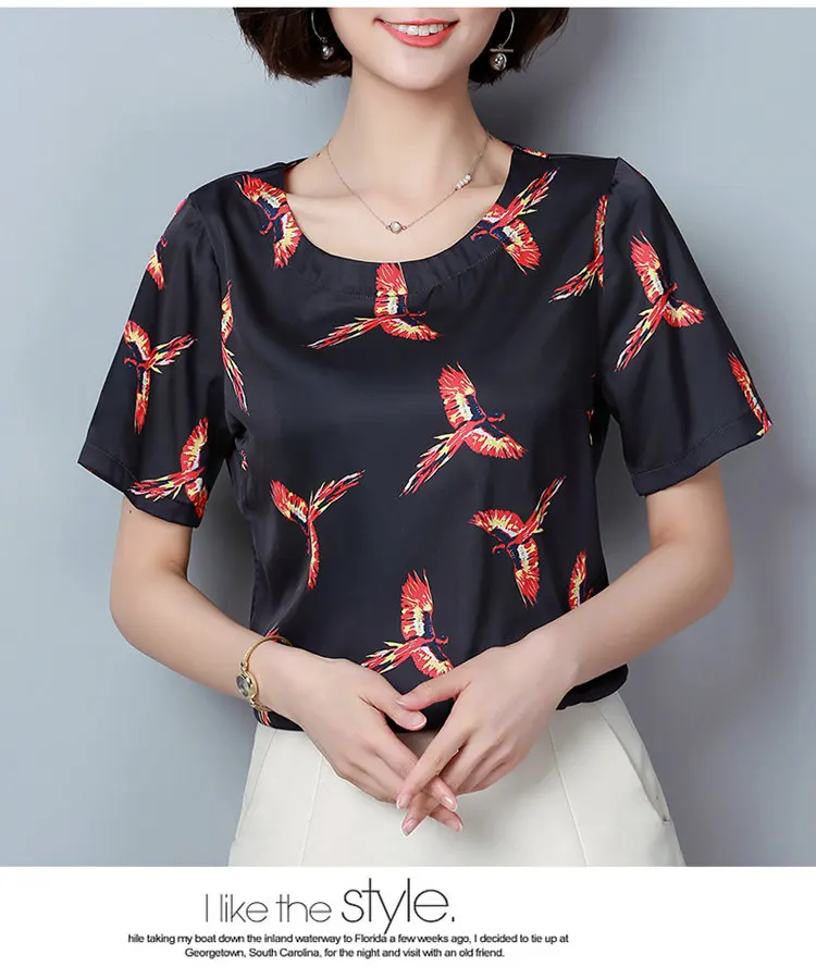 New Summer Tops Ladies 2018 Fashion Birds Print Blouses Women Short Sleeve Chiffon Blouse Shirt Casual Large Size Blusa Mujer Ete (7)