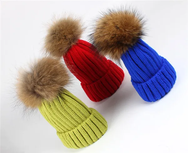Womens Girls Winter Fur Hat Real Large Raccoon Fur Pom Pom Beanie Winter Hats detachable