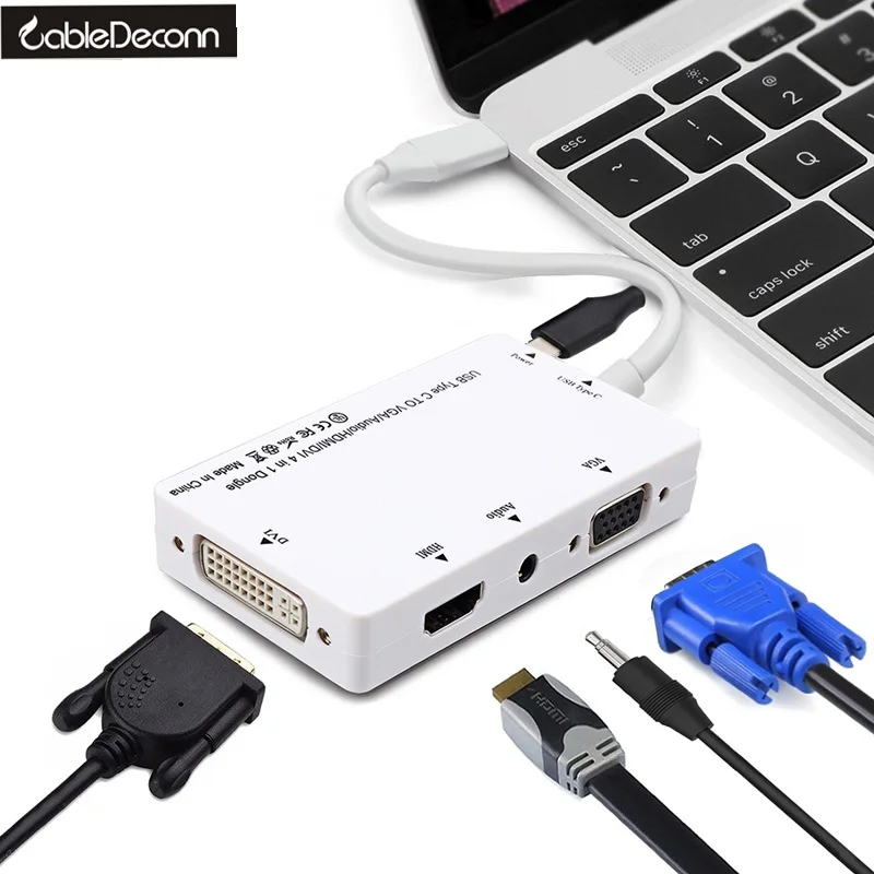 

2017 CableDeconn 4in1 Dongle USB3.1 USB Type-c to HDMI VGA DVI Audio With Micro USB for Converter Adapter Cable for Macbook Pro