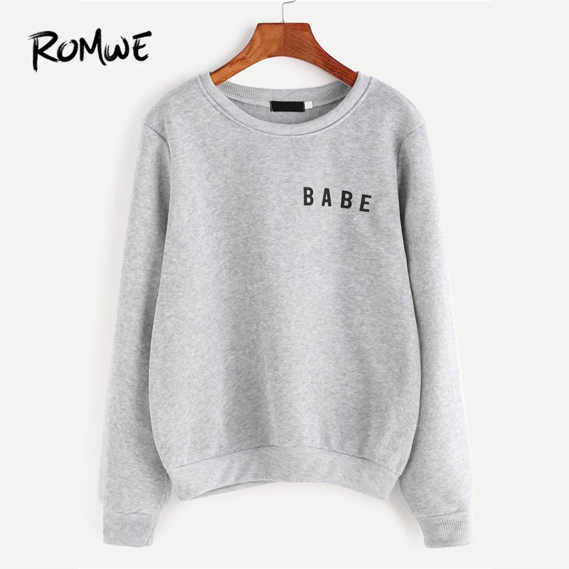  ROMWE Light Grey Letter Print Grey Sweatshirt Ladies Spring Autumn Winter Round Neck Long Sleeve Fe